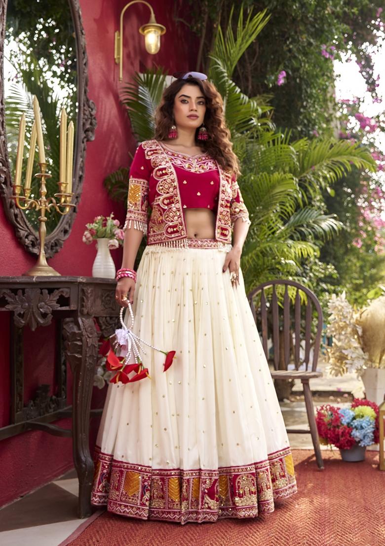 Red Embroidery Vichitra Lehenga Set - Indya