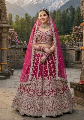 Dark Pink Embroidery Net Lehenga Set