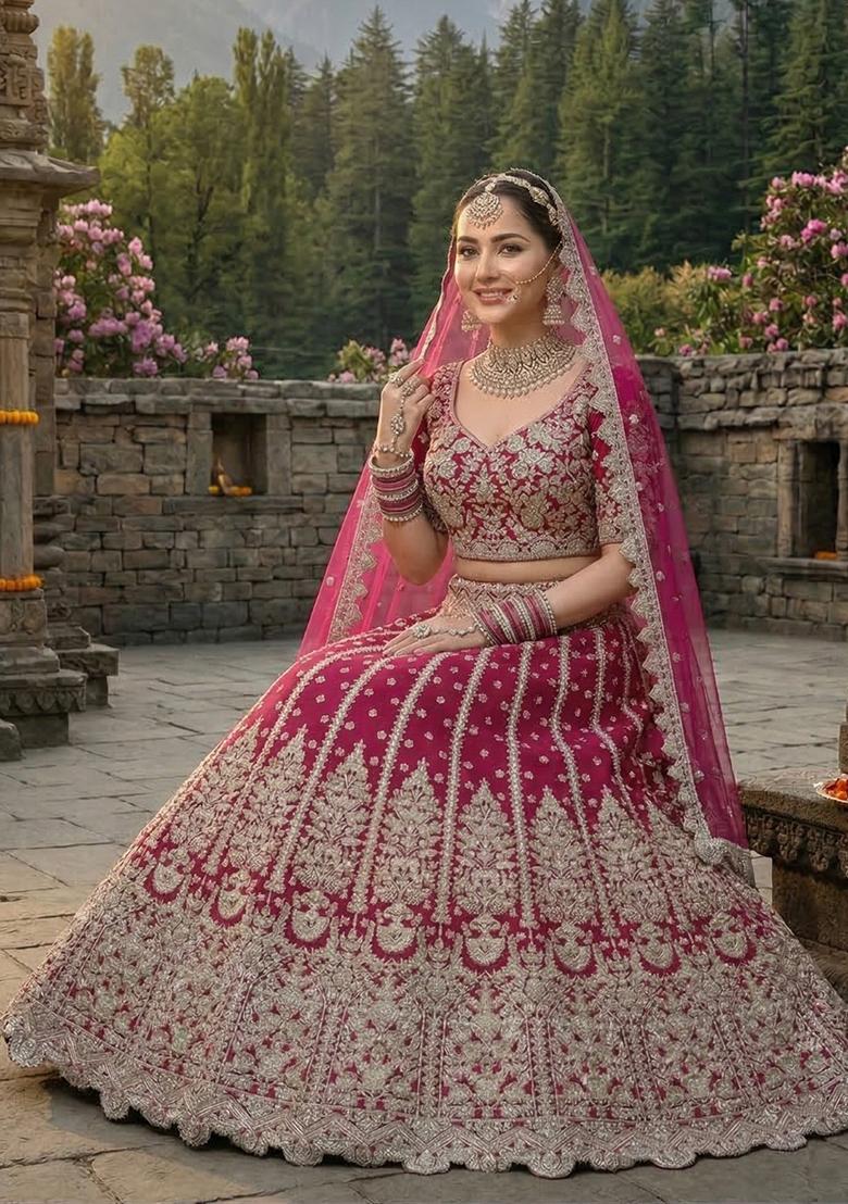 Dark Pink Embroidery Net Lehenga Set - Indya