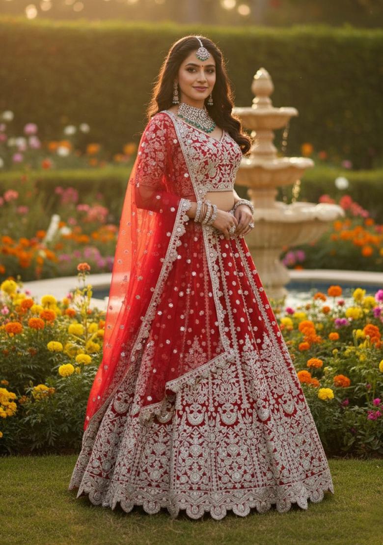 Red Embroidery Net Lehenga Set - Indya