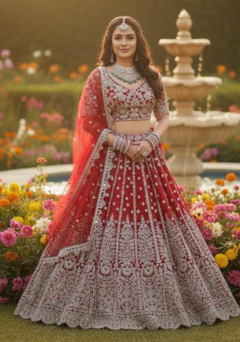Red Embroidery Net Lehenga Set — view on Indya