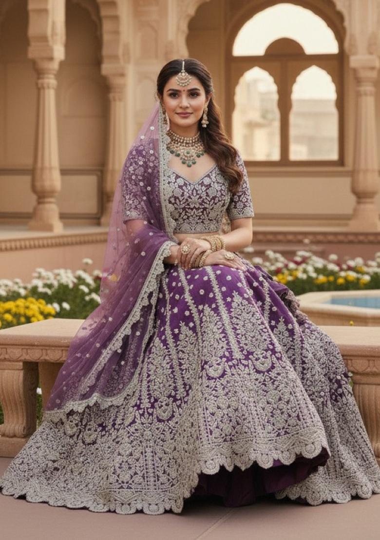 Lavender Embroidery Net Lehenga Set - Indya