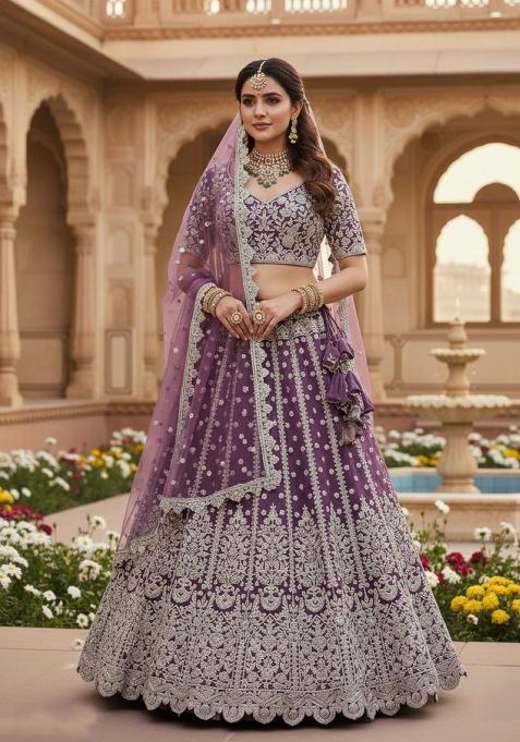Lavender Embroidery Net Lehenga Set