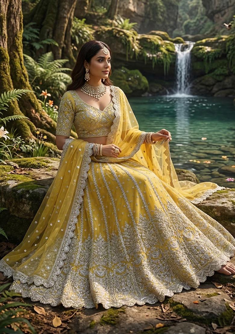Yellow Embroidery Net Lehenga Set - Indya