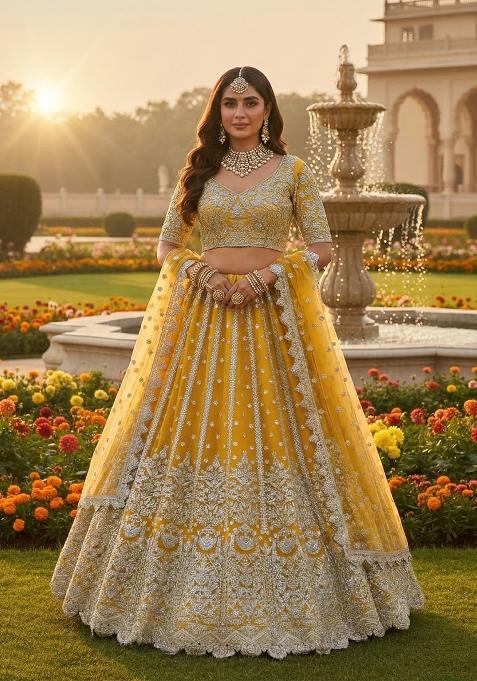 Yellow Embroidery Net Lehenga Set — view on Indya