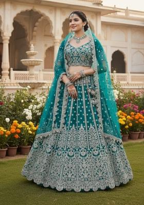Blue Embroidery Net Lehenga Set