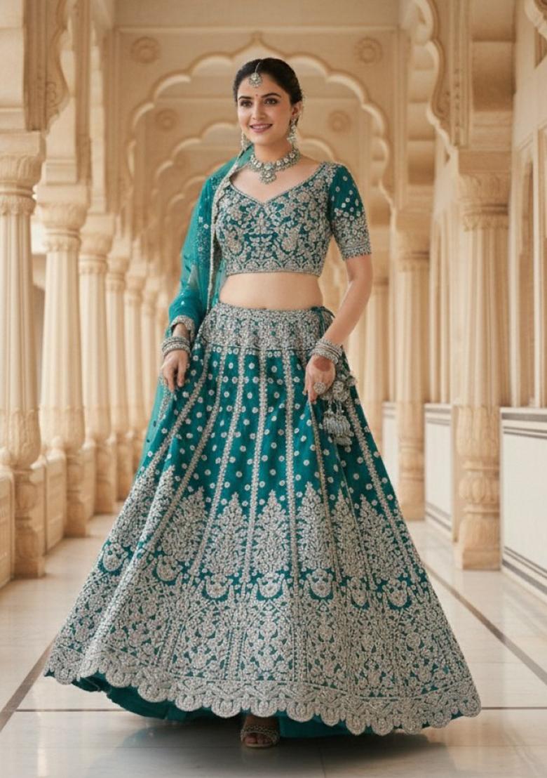 Blue Embroidery Net Lehenga Set - Indya