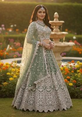 Green Embroidery Net Lehenga Set