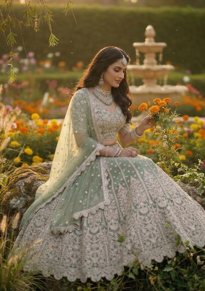 Green Embroidery Net Lehenga Set - Indya