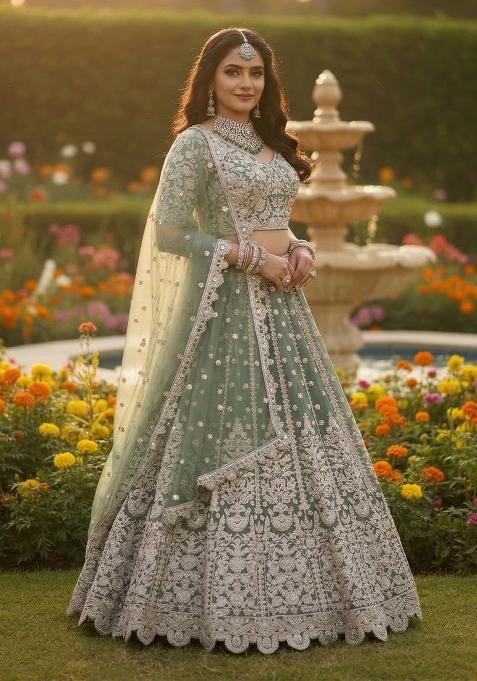 Green Embroidery Net Lehenga Set
