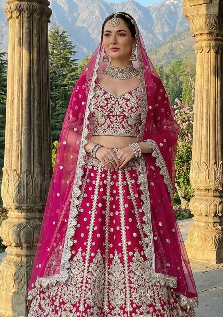 Rani Pink Embroidery Net Lehenga Set - Indya