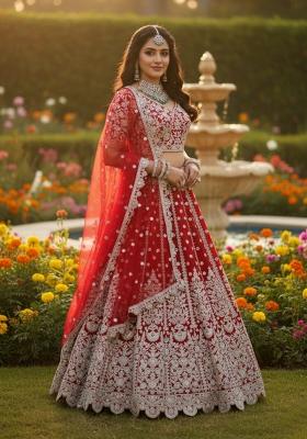 Red Embroidery Net Lehenga Set