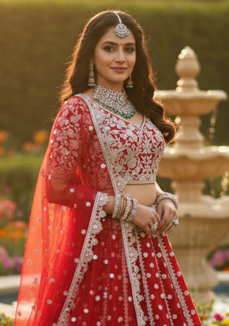 Red Embroidery Net Lehenga Set - Indya