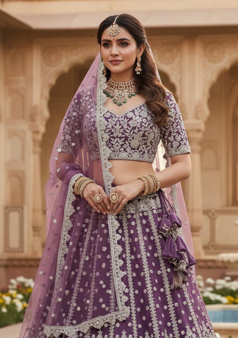 Lavender Embroidery Net Lehenga Set - Indya