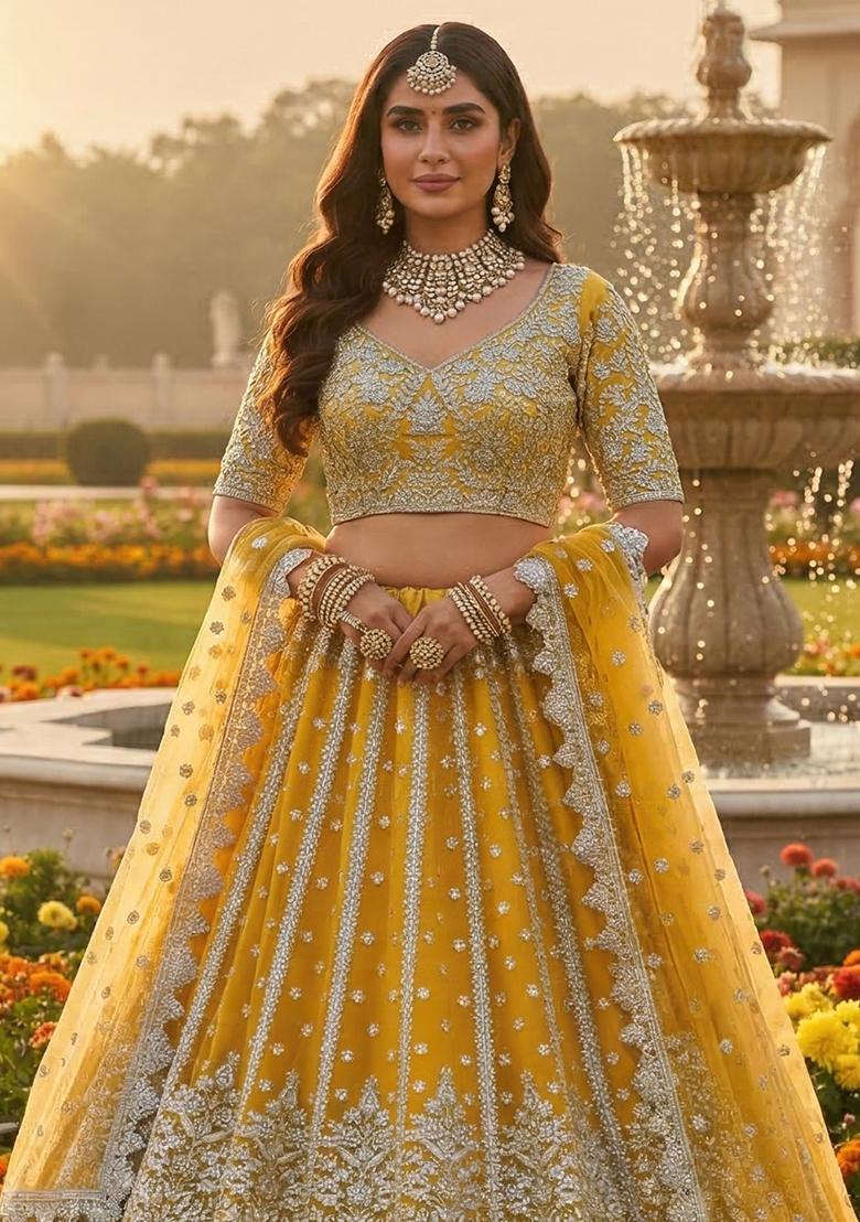 Yellow Embroidery Net Lehenga Set - Indya