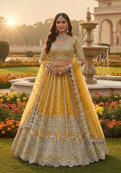 Yellow Embroidery Net Lehenga Set