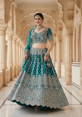 Teal Green Embroidery Net Lehenga Set