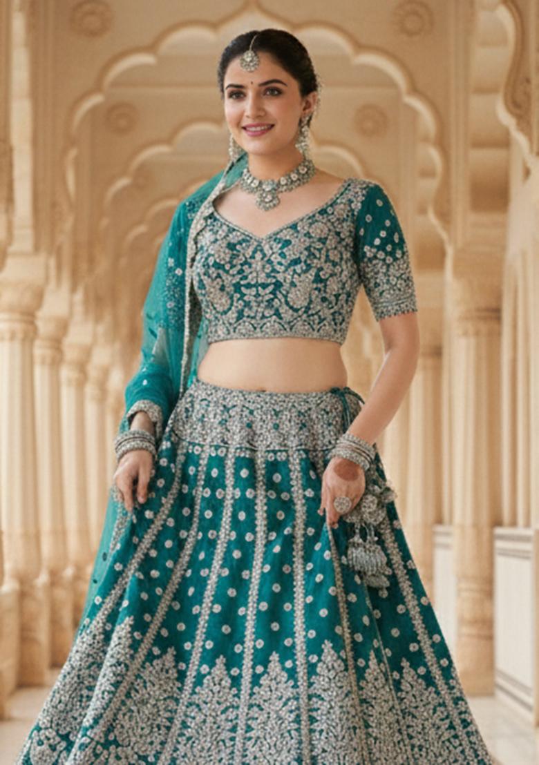 Teal Green Embroidery Net Lehenga Set - Indya