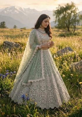 Sky Silver Embroidery Net Lehenga Set