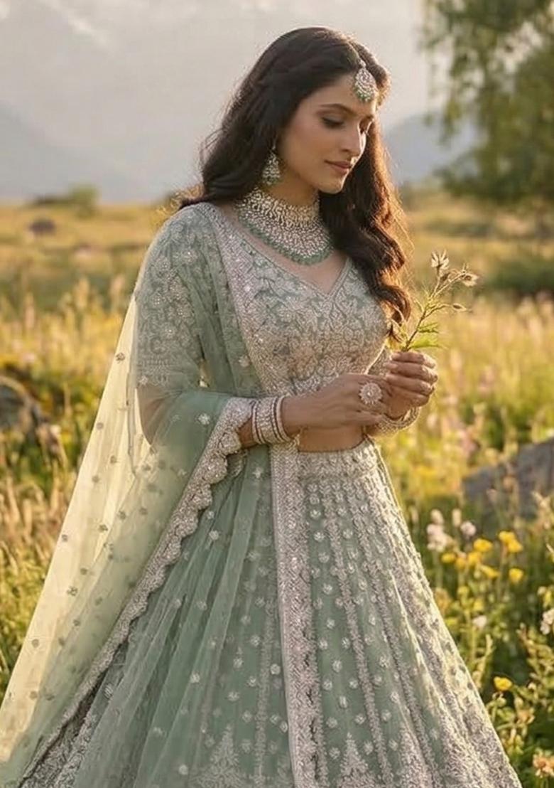 Sky Silver Embroidery Net Lehenga Set - Indya