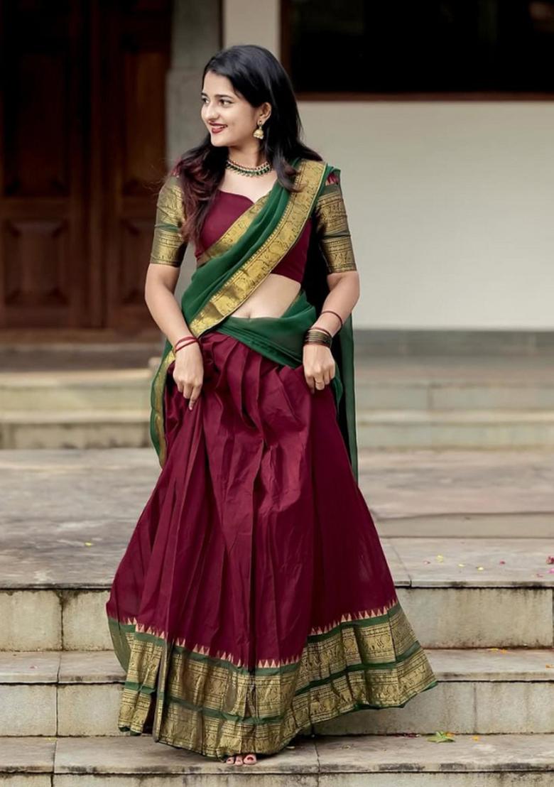 Maroon Jequard Silk Lehenga Set - Indya