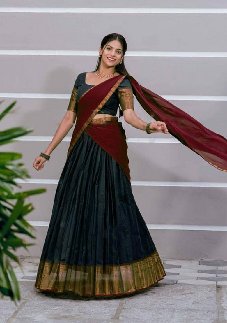 Teal Jequard Silk Lehenga Set - Indya