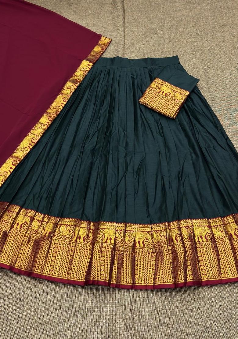 Teal Jequard Silk Lehenga Set - Indya