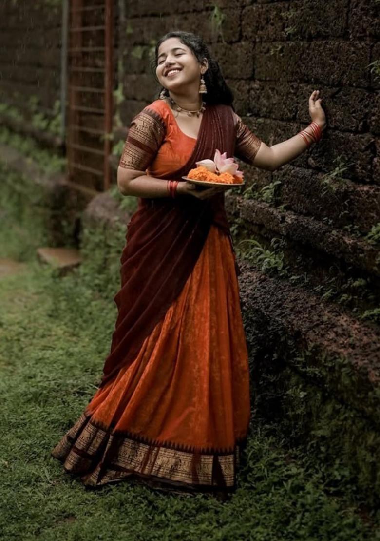 Orange Jequard Silk Lehenga Set - Indya