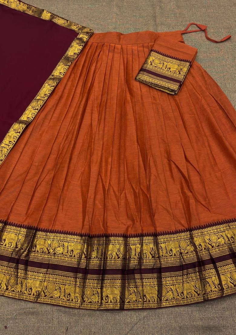 Orange Jequard Silk Lehenga Set - Indya