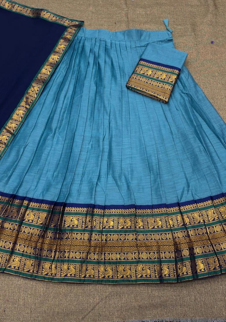 Sky Blue Jequard Silk Lehenga Set - Indya