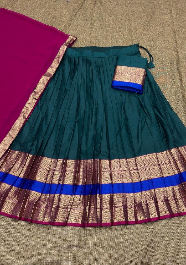 Teal Jequard Silk Lehenga Set - Indya