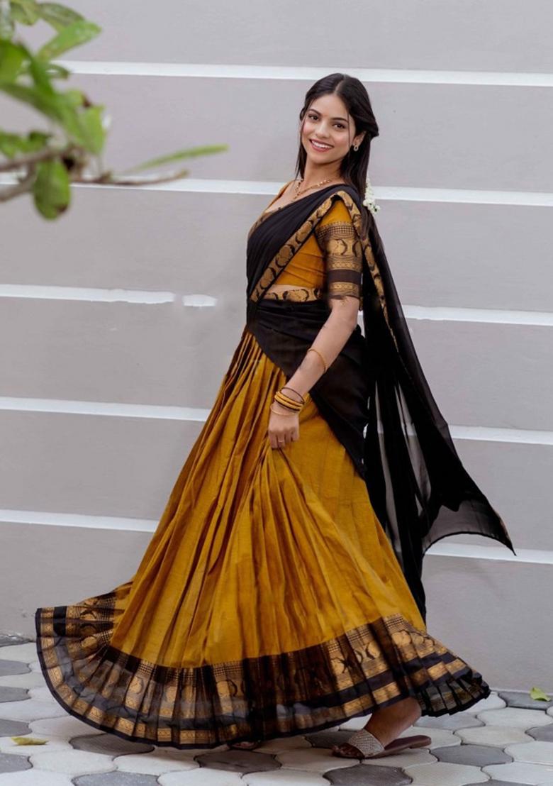 Yellow Jequard Silk Lehenga Set - Indya