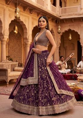 Wine Embroidery Georgette Lahenga Set