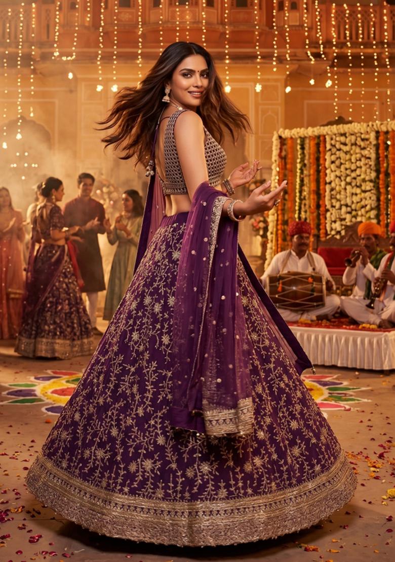 Wine Embroidery Georgette Lahenga Set - Indya