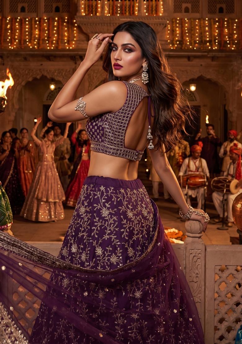 Wine Embroidery Georgette Lahenga Set - Indya