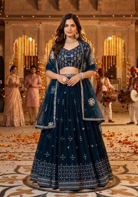 Teal Embroidery Georgette Lahenga Set