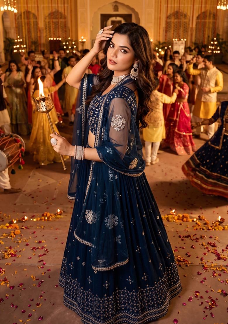 Teal Embroidery Georgette Lahenga Set - Indya