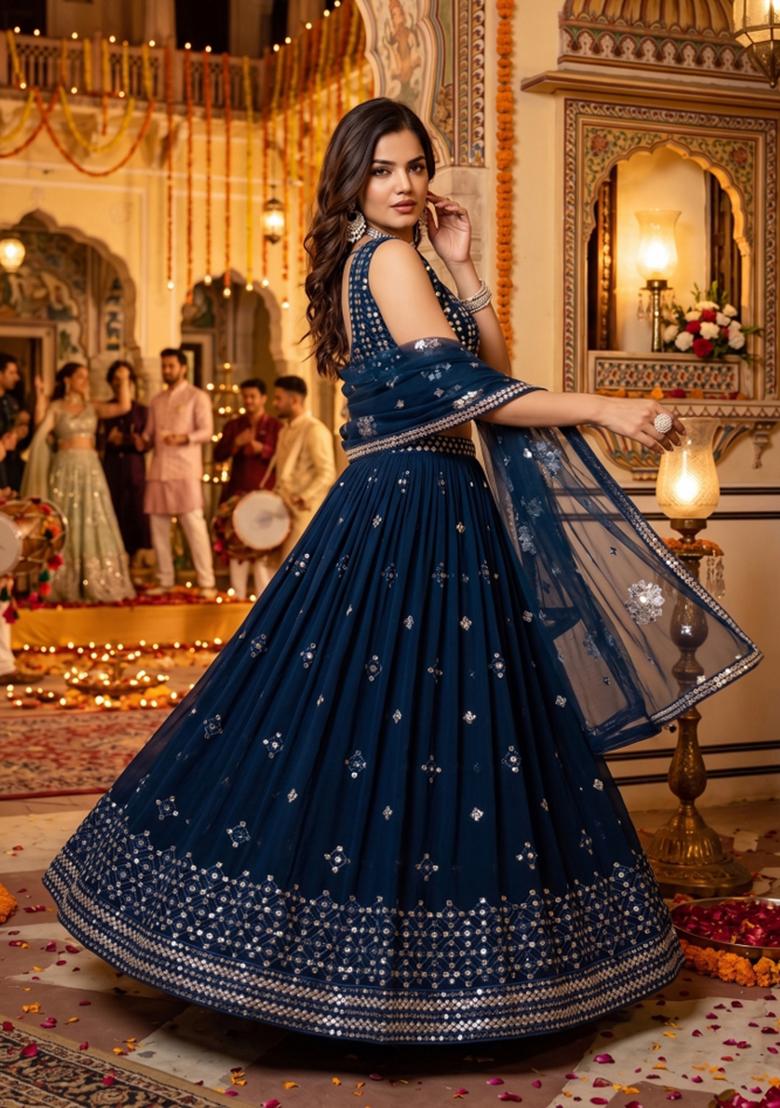 Teal Embroidery Georgette Lahenga Set - Indya