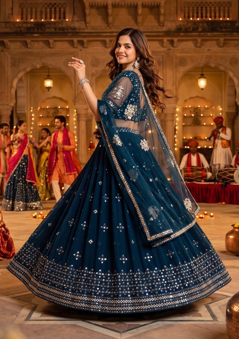 Teal Embroidery Georgette Lahenga Set - Indya