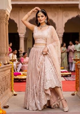 Peach Embroidery Georgette Lahenga Set
