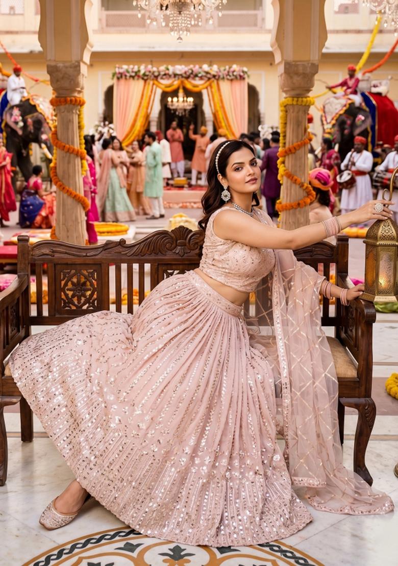 Peach Embroidery Georgette Lahenga Set - Indya
