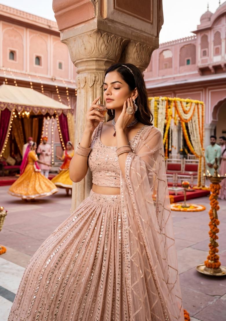 Peach Embroidery Georgette Lahenga Set - Indya
