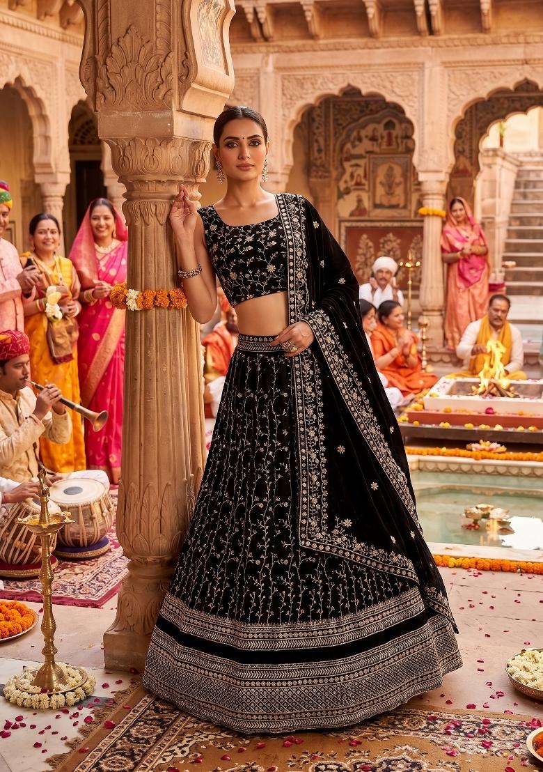 Black Embroidery Georgette Lahenga Set - Indya