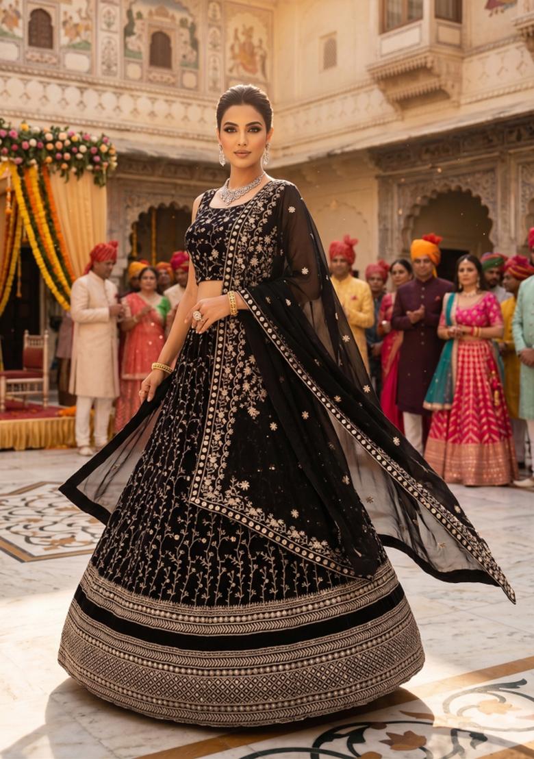 Black Embroidery Georgette Lahenga Set - Indya