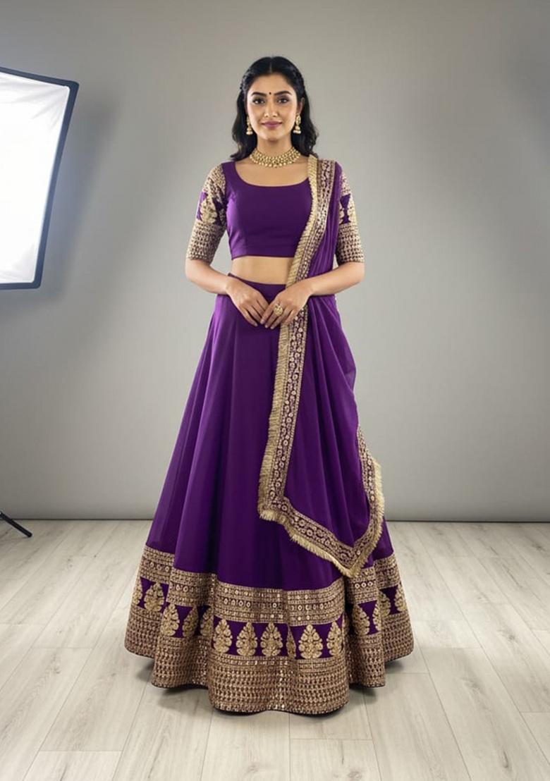 Purple Embroidery Georgette Lahenga Set - Indya