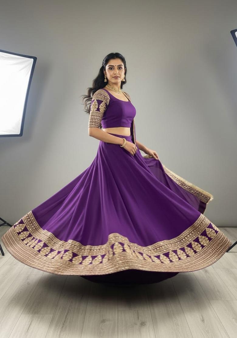Purple Embroidery Georgette Lahenga Set - Indya