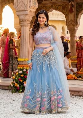 Sky Blue Embroidery Net Lahenga Set