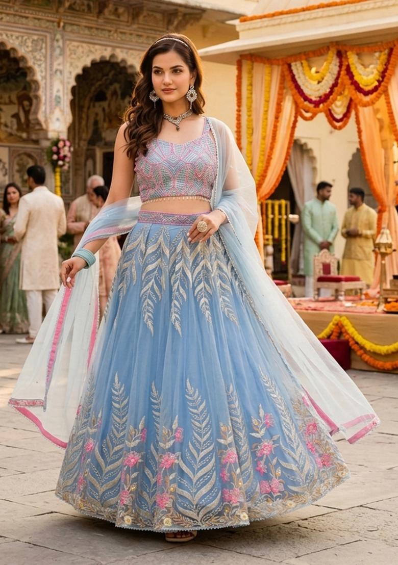 Sky Blue Embroidery Net Lahenga Set - Indya