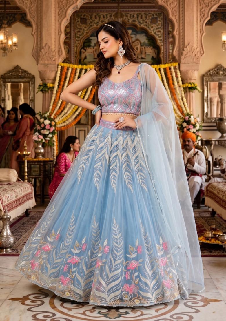 Sky Blue Embroidery Net Lahenga Set - Indya
