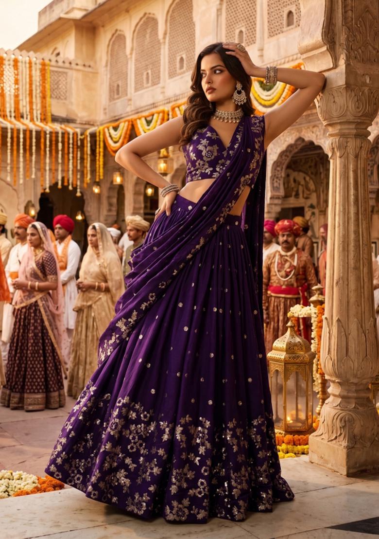 Blue Embroidery Silk Lahenga Set - Indya